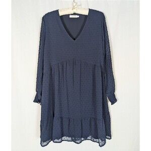 Famition Dress L Women's Blue Vneck Long Sleeve Swiss Dot Swing Dress Comfy